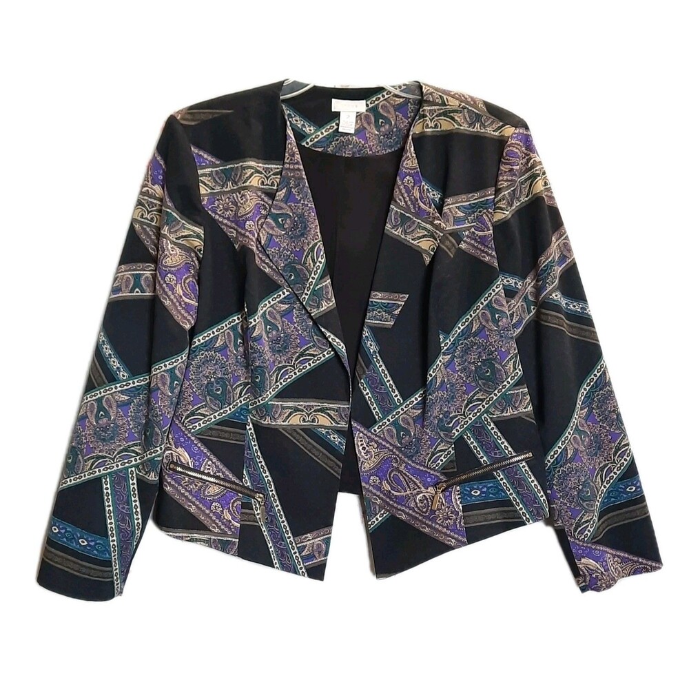 CHICO'S Black Purple Paisley Moto Bolero Box Cut Jacket/Blazer Women Sz 2  Large
